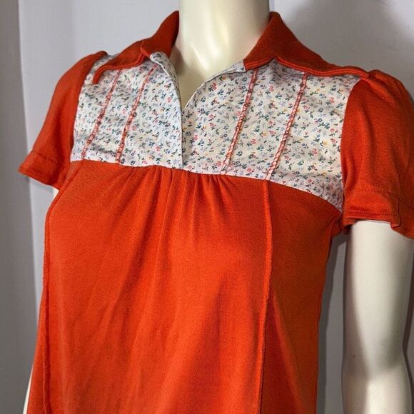 Vintage 60’s Orange V Neck Short Puff Sleeve T Shirt Ditzy Floral Size Small - Picture 2 of 14